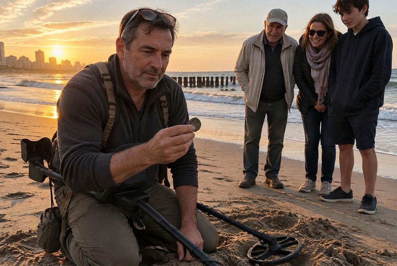Hombre con detector de metales arrodillado junto a un pozo pequeño en la arena de una playa bonaerense, con curiosos mirando detrás
