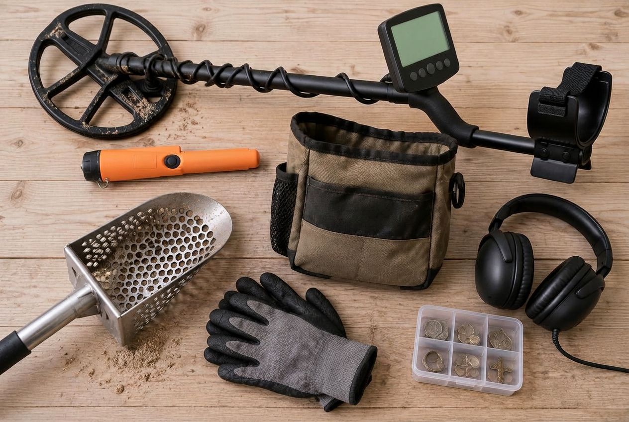 Equipo básico para la búsqueda: detector de metales, pinpointer, cuchara de excavación, bolsa para hallazgos, guantes y auriculares